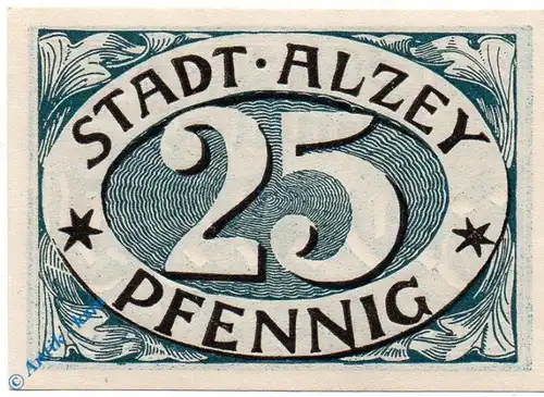 Notgeld Stadt Alzey , 25 Pfennig Schein in kfr. Tieste 0100.05.20 , o.D. Hessen Verkehrsausgabe