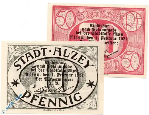 Notgeld Stadt Alzey , Set mit 2 Scheinen in kfr. Tieste 0100.05.10-11 , von 1921 , Hessen Verkehrsausgabe