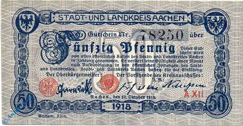 Notgeld Aachen , 50 Pfennig Schein , Tieste 0001.10.02 - 11 , von 1918 , Rheinland Verkehrsausgabe