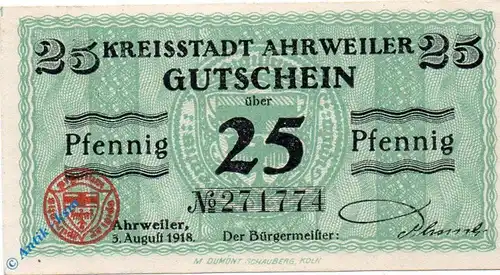 Notgeld Ahrweiler , 25 Pfennig Schein , Tieste 0001.10.01 - 05 , von 1918 , Rheinland Verkehrsausgabe