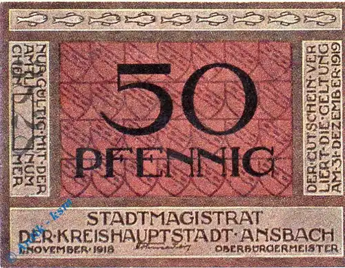 Notgeld Ansbach , 50 Pfennig Schein , ohne Rand , Tieste 0160.15.21 , von 1918 , Bayern Verkehrsausgabe