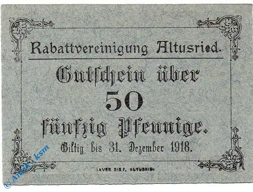 Notgeld Altusried , Rabattvereinigung , 50 Pfennig Schein , Tieste 0090.10.06 , Bayern Verkehrsausgabe