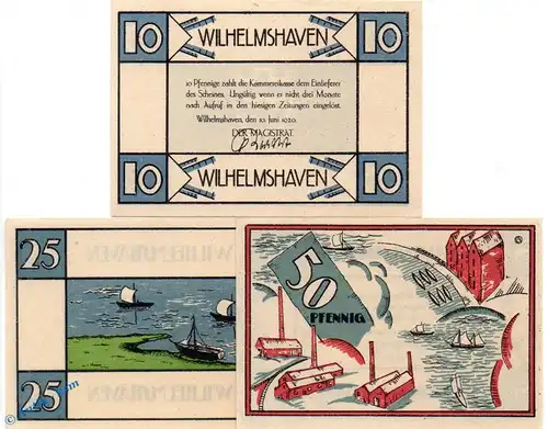 Notgeld Wilhelmshaven , Set mit 3 Scheinen in kfr. Tieste 7945.10.01 - 03 , von 1920 , Niedersachsen Verkehrsausgabe