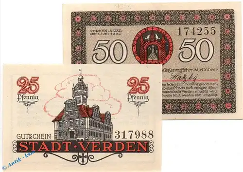 Notgeld Verden , Set mit 2 Scheinen in kfr. Tieste 7590.05.15-16 , von 1920 , Niedersachsen Verkehrsausgabe