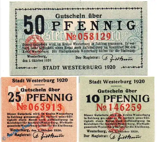 Notgeld Stadt Westerburg 7850.05.20-22 , Set mit 3 Scheinen in kfr. von 1920 , Hessen Verkehrsausgabe