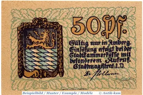 Notgeld Amberg , 50 Pfennig Schein in kfr. Tieste 0105.25.01 , von 1919 , Bayern Verkehrsausgabe