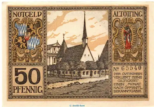 Notgeld Stadt Altötting 0075.15.05 , 50 Pfennig Schein in kfr. o.D. Bayern Verkehrsausgabe