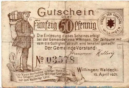 Notgeld Stadt Willingen 7955.05.01 , 50 Pfennig Schein in gbr. von 1921 , Waldeck Verkehrsausgabe