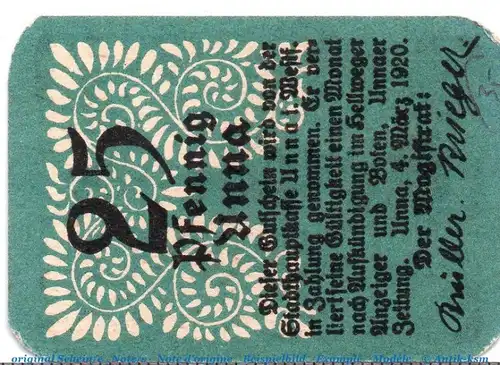 Notgeld Stadt Unna 7525.05.05 , 25 Pfennig Schein in kfr. von 1920 , Westfalen Verkehrsausgabe