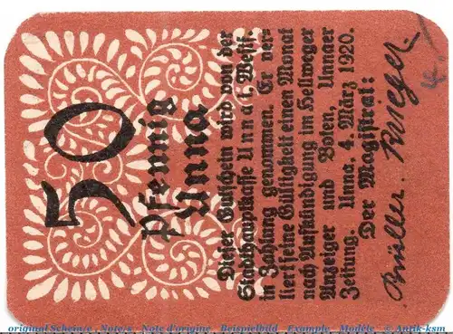 Notgeld Stadt Unna 7525.05.06 , 50 Pfennig Schein in kfr. von 1920 , Westfalen Verkehrsausgabe
