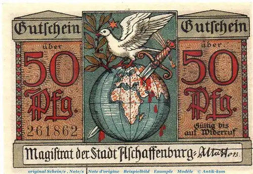 Notgeld Stadt Aschaffenburg 0220.10.30 , 50 Pfennig Schein in kfr. o.D. , Bayern Verkehrsausgabe