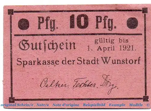 Notgeld Sparkasse Wunstorf 8145.15.11 , 10 Pfennig Schein in kfr. o.D. , Niedersachsen Verkehrsausgabe