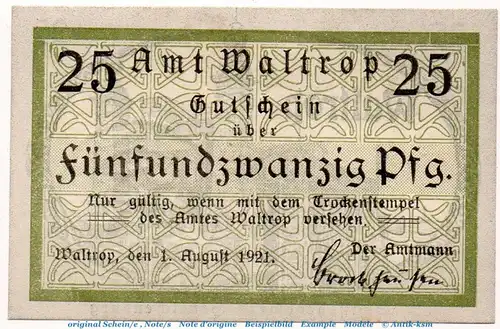 Notgeld Amt Waltrop 7690.05.40 , 25 Pfennig Schein in kfr. von 1921 , Westfalen Verkehrsausgabe