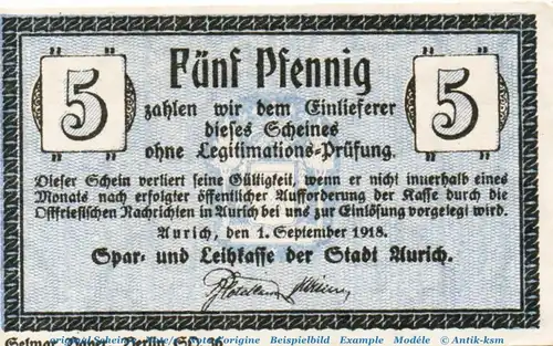 Notgeld Leihkasse Aurich 0270.10.10 , 5 Pfennig Schein in kfr. von 1918 , Niedersachsen Verkehrsausgabe