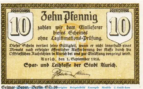 Notgeld Leihkasse Aurich 0270.10.11 , 10 Pfennig Schein in kfr. von 1918 , Niedersachsen Verkehrsausgabe