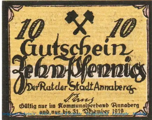 Notgeld Stadt Annaberg 0145.15.10 , 10 Pfennig Schein in kfr. o.D. , Sachsen Verkehrsausgabe