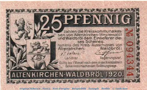 Notgeld Kreise Altenkirchen Waldbröl 00602.05.02 , 25 Pfennig Schein in kfr. , von 1920 , Rheinland Verkehrsausgabe
