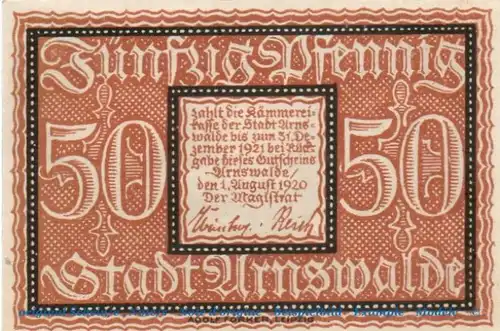 Notgeld Stadt Arnswalde 0205.05.31 , 50 Pfennig Schein in kfr. , von 1920 , Brandenburg Verkehrsausgabe