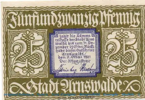 Notgeld Stadt Arnswalde 0205.05.35 , 25 Pfennig Schein in kfr. , von 1921 , Brandenburg Verkehrsausgabe