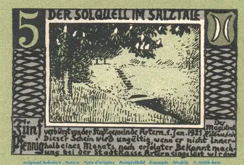 Notgeld Stadt Artern 0210.05.10 , 5 Pfennig Schein in kfr. von 1921 , Thüringen Verkehrsausgabe