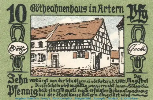 Notgeld Stadt Artern 0210.05.11 , 10 Pfennig Schein in kfr. von 1921 , Thüringen Verkehrsausgabe