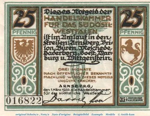 Notgeld Handelskammer Arnsberg 0195.05.01 , 25 Pfennig Schein in kfr. , von 1920 , Westfalen Verkehrsausgabe