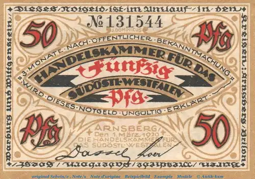 Notgeld Handelskammer Arnsberg 0195.05.02 , 50 Pfennig Schein in kfr. von 1920 , Westfalen Verkehrsausgabe