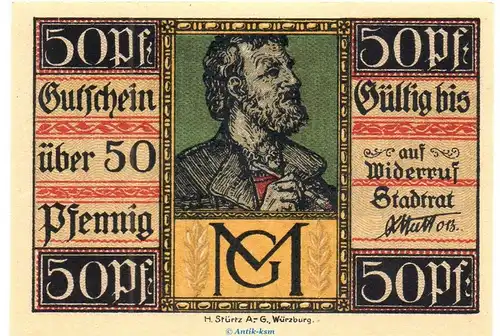 Notgeld Stadt Aschaffenburg 0220.10.21 , 50 Pfennig Schein in kfr. o.D.  Bayern Verkehrsausgabe