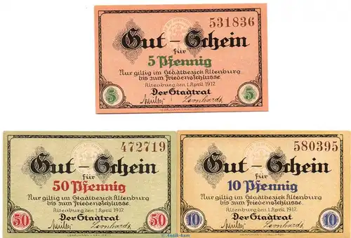 Notgeld Stadt Altenburg 0055.20.01-03 , Set mit 3 Scheinen in kfr. von 1917 , Sachsen Verkehrsausgabe