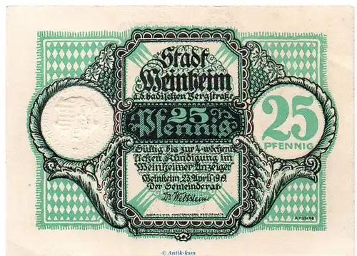 Notgeld Stadt Weinheim 7780.05.05 , 25 Pfennig o. Wz. in kfr. von 1919 , Baden Verkehrsausgabe