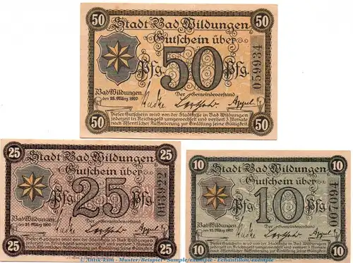 Notgeld Stadt Wildungen 7935.05.20-22 , Set mit 3 Scheinen in kfr. von 1920 , Hessen Verkehrsausgabe