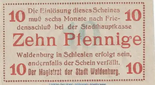 Notgeld Stadt Waldenburg 7660.15.010 , 10 Pfennig Schein in kfr. o.D. Schlesien Verkehrsausgabe