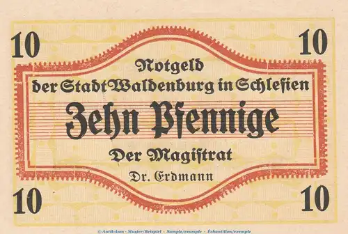 Notgeld Stadt Waldenburg 7660.15.190 , 10 Pfennig Schein in kfr. von 1919 , Schlesien Verkehrsausgabe