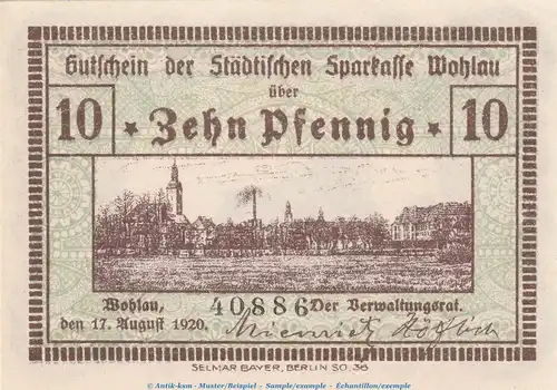 Notgeld Sparkasse Wohlau 8050.05.01 , 10 Pfennig Schein in kfr. von 1920 , Schlesien Verkehrsausgabe