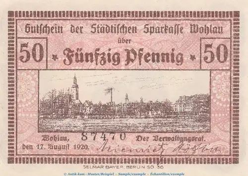 Notgeld Sparkasse Wohlau 8050.05.03 , 50 Pfennig Schein in kfr. von 1920 , Schlesien Verkehrsausgabe