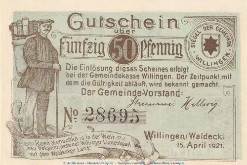 Notgeld Stadt Willingen 7955.05.05 , 50 Pfennig Schein in kfr. von 1921 , Hessen Verkehrsausgabe