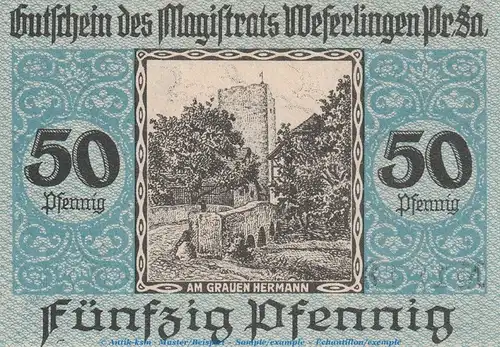 Notgeld Stadt Weferlingen 8070.05.04 , 50 Pfennig Schein in kfr. von 1920 , Sachsen Anhalt Verkehrsausgabe
