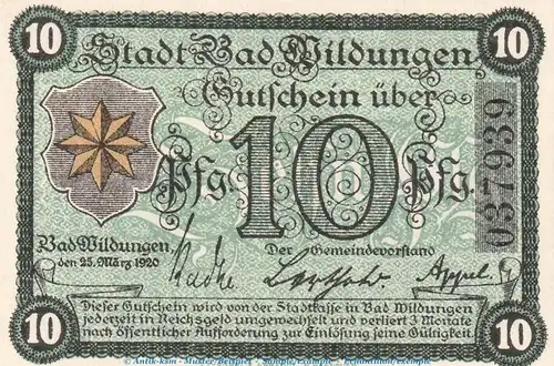 Notgeld Stadt Bad Wildungen 7935.05.20 , 10 Pfennig Schein in kfr. von 1920 , Hessen Verkehrsausgabe