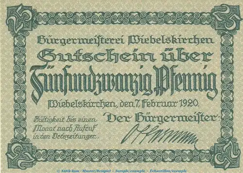 Notgeld Stadt Wiebelskirchen 7890.05.02 , 25 Pfennig -Schachtanlage- in kfr. von 1920 , Rheinland Verkehrsausgabe