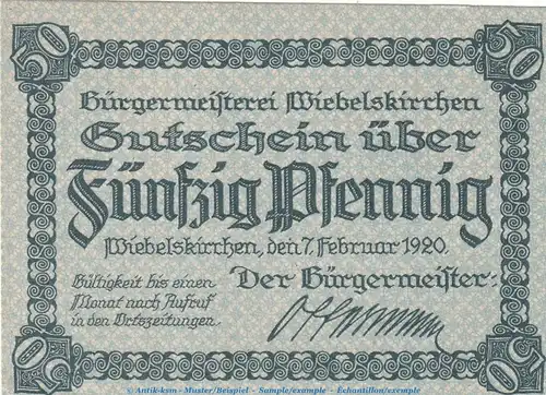 Notgeld Stadt Wiebelskirchen 7890.05.03 , 50 Pfennig -Schachtanlage- in kfr. von 1920 , Rheinland Verkehrsausgabe