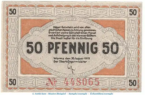 Notgeld Stadt Worms 8105.10.05 , 50 Pfennig Schein in kfr. von 1919 , Hessen Verkehrsausgabe