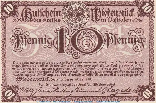 Notgeld Stadt Wiedenbrück 7895.05.05 , 10 Pfennig Schein in kfr. von 1918 , Westfalen Verkehrsausgabe