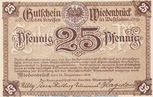 Notgeld Stadt Wiedenbrück 7895.05.06 , 25 Pfennig Schein in kfr. von 1918 , Westfalen Verkehrsausgabe