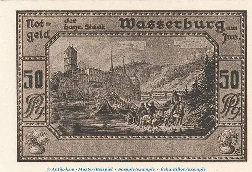 Notgeld Stadt Wasserburg 7725.05.01 , 50 Pfennig Schein in kfr. von 1920 , Bayern Verkehrsausgabe