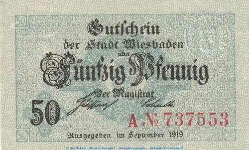 Notgeld Stadt Wiebaden 7915.05.31 , 50 Pfennig Schein in kfr. von 1919 , Hessen Verkehrsausgabe