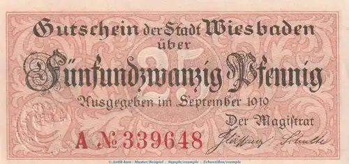 Notgeld Stadt Wiebaden 25 Pfennig -dkl.Kreuze- in kfr. Tieste 7915.05.40 von 1919 , Hessen Verkehrsausgabe