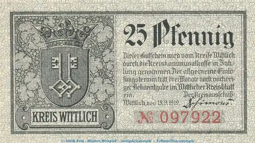 Notgeld Kreis Wittlich 25 Pfennig Schein in kfr. Tieste 8030.10.05 von 1919 , Rheinland Verkehrsausgabe