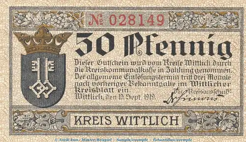 Notgeld Kreis Wittlich 50 Pfennig Schein in kfr. Tieste 8030.10.06 von 1919 , Rheinland Verkehrsausgabe