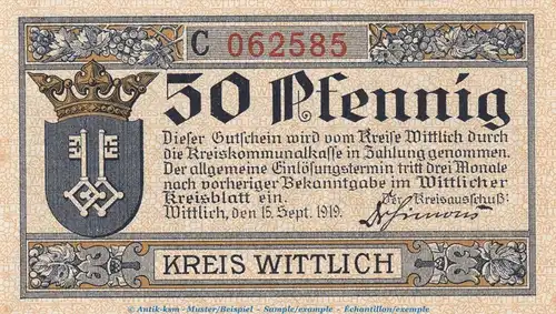 Notgeld Kreis Wittlich 50 Pfennig Schein -C- in kfr. Tieste 8030.10.15 von 1919 , Rheinland Verkehrsausgabe