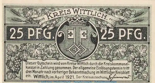 Notgeld Kreis Wittlich 25 Pfennig Schein -grün- in kfr. Tieste 8030.10.20 von 1921 , Rheinland Verkehrsausgabe